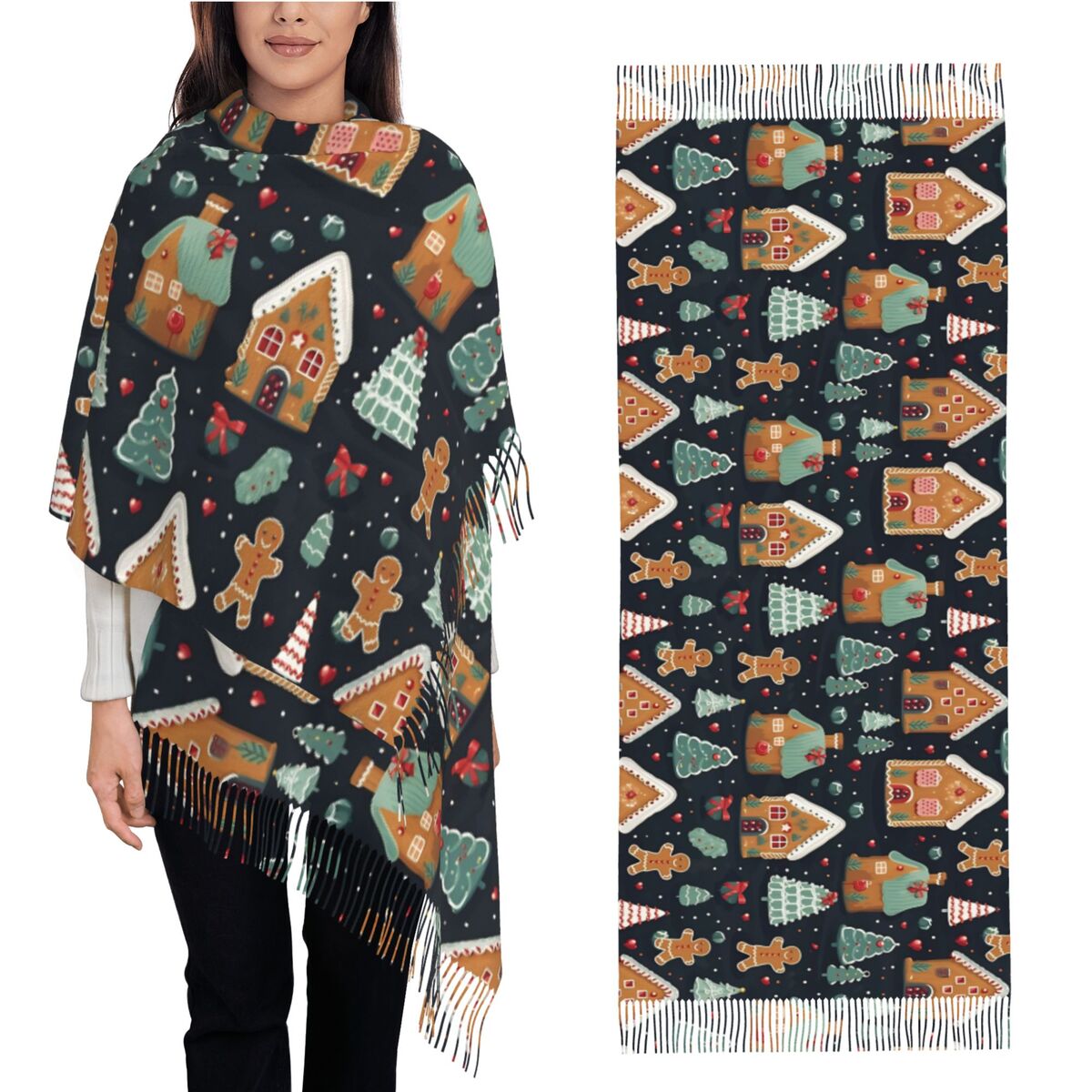 Pashmina Wrap Large - Christmas Delight- Whimsical Gingerbreads & Festive